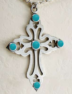 Sterling Silver Large Cross Pendant Necklace with Turquoise